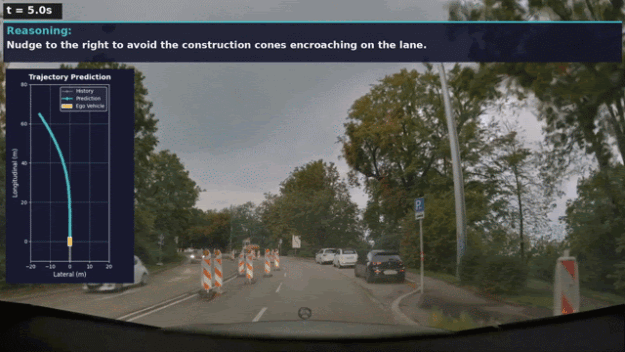 NVIDIA Alpamayo driving reasoning example: ego vehicle passing a construction zone